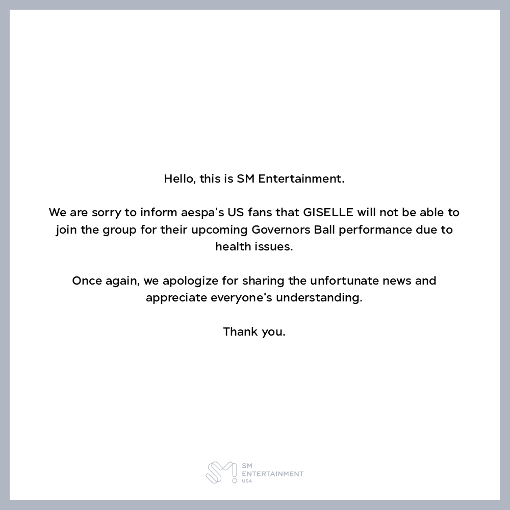 230607 SMTOWN USA Twitter Update with aespa - Giselle will not participate in the Governors Ball performance due to health issues