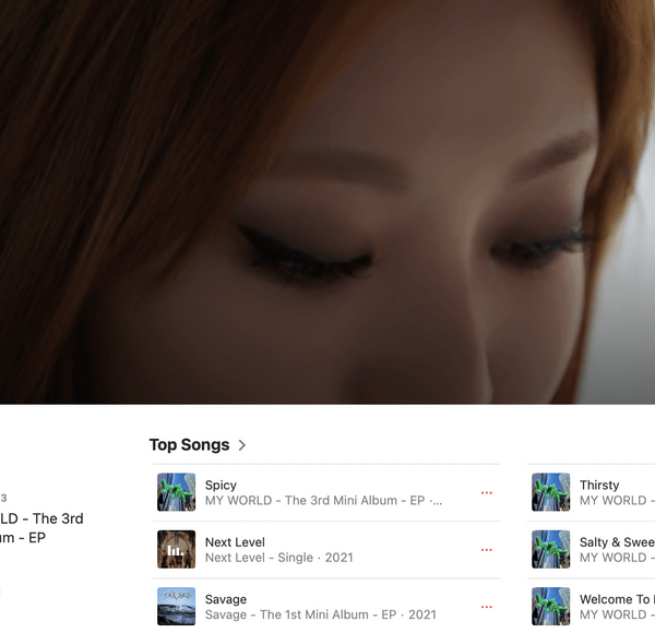 230514 As of today, 'Spicy' has overtaken 'Next Level' and is now aespa's current Top Song on Apple Music. The song ranks at #92 on the Global Top 100.