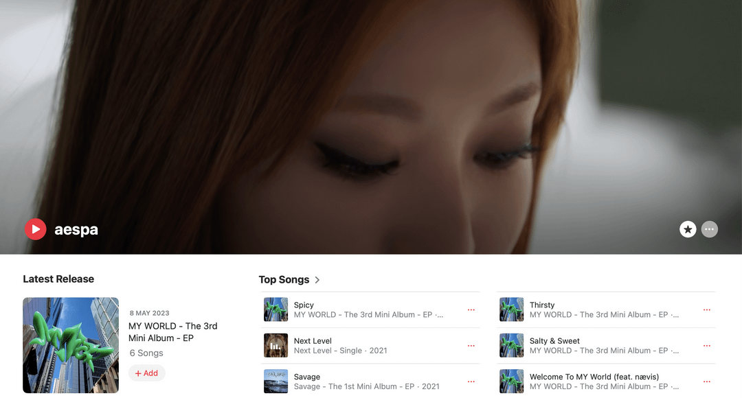 230514 As of today, 'Spicy' has overtaken 'Next Level' and is now aespa's current Top Song on Apple Music. The song ranks at #92 on the Global Top 100.