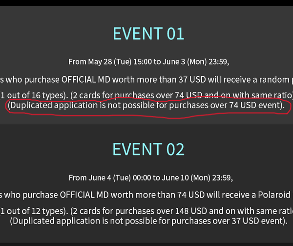 Does anyone know what the caveat below for the ktown4u aespa Official MD event from May 28 to June 3 means? What is "duplicated application"? Is it in reference to the other event (event 2) shown below it, or is it referencing the items one buys, or something else?