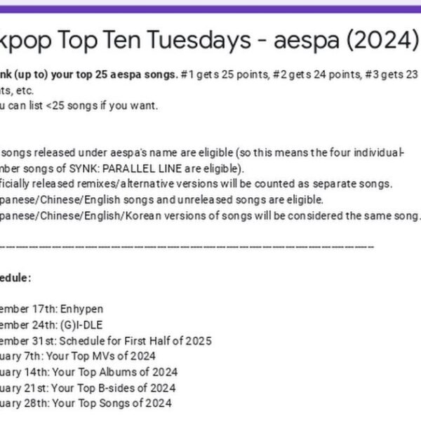 Vote for (up to) your Top 25 favorite aespa songs on r/kpop’s Top Ten Tuesdays!