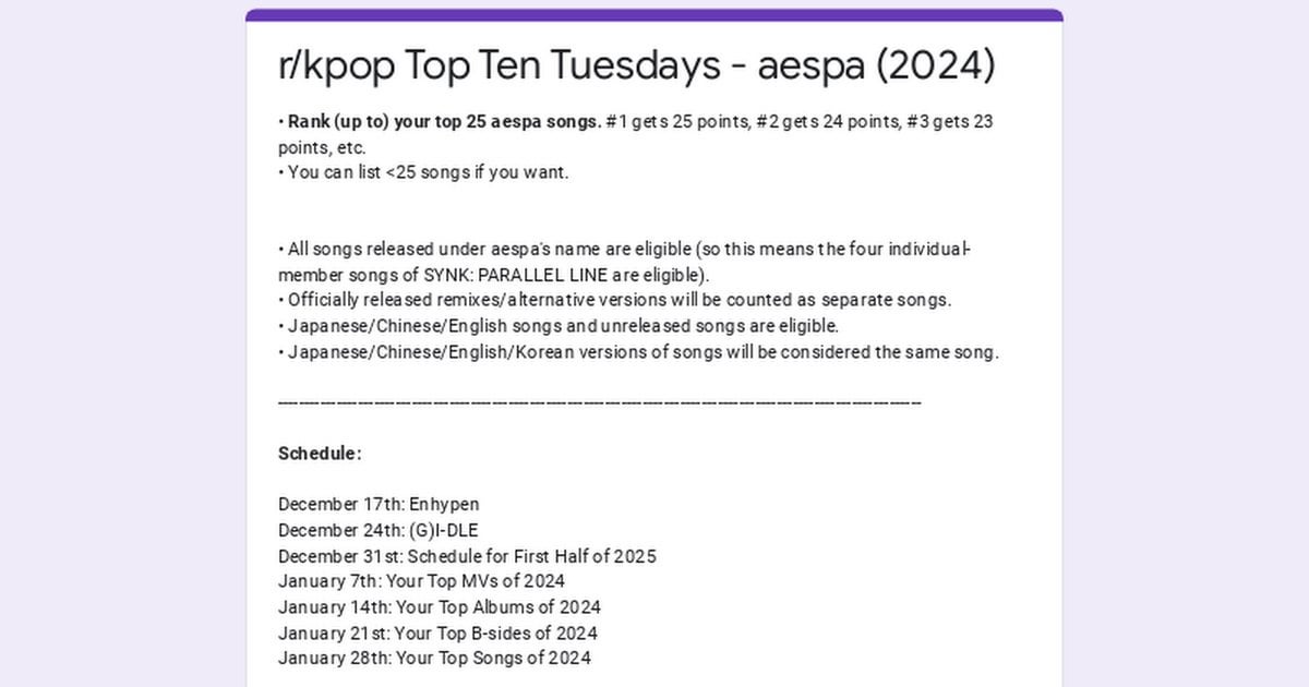 Vote for (up to) your Top 25 favorite aespa songs on r/kpop’s Top Ten Tuesdays!