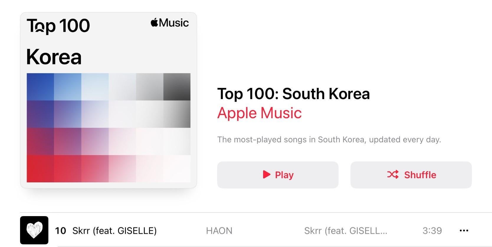 241220 HAON's 'Skrr' (Feat. Giselle) reaches a new peak of #10 on South Korea Apple Music Daily TOP100