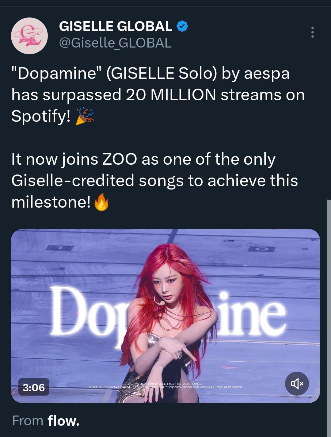 Giselle 'Dopamine' has surpassed 20 MILLION streams on Spotify!🥳