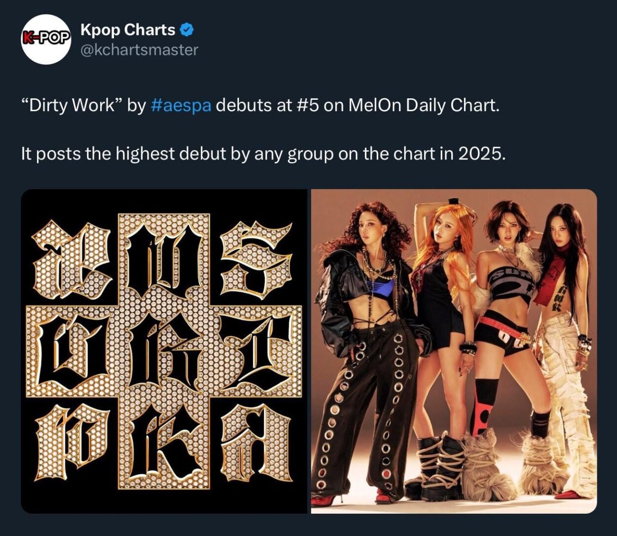 250628 aespa's 'Dirty Work' debuts at #5 on MelOn Daily Chart + The highest debut by a group's song and third highest overall debut in 2025