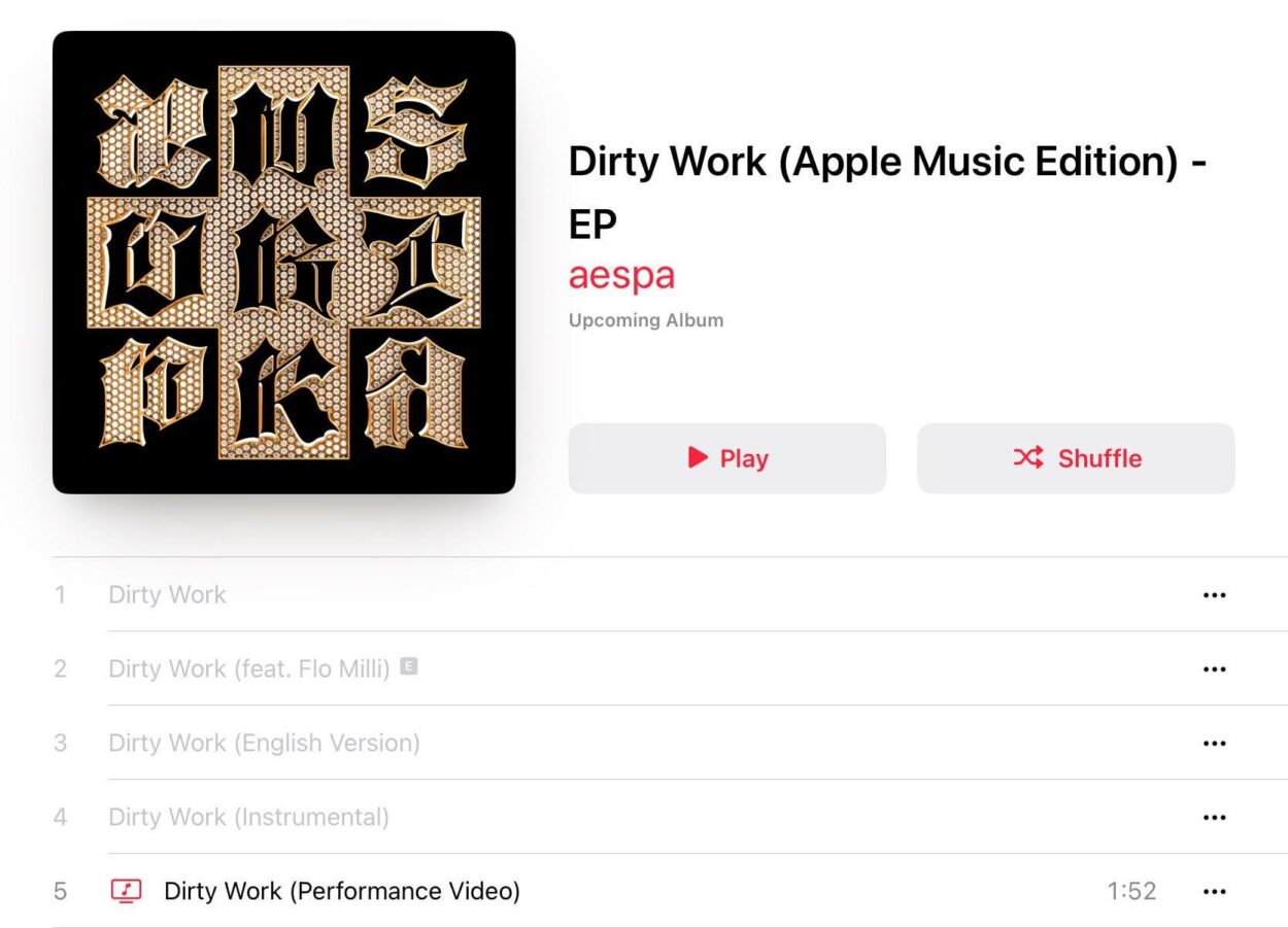 250609 The Apple Music Edition of aespa's 'Dirty Work' will include a Korean & English Ver. and a feature with Flo Milli