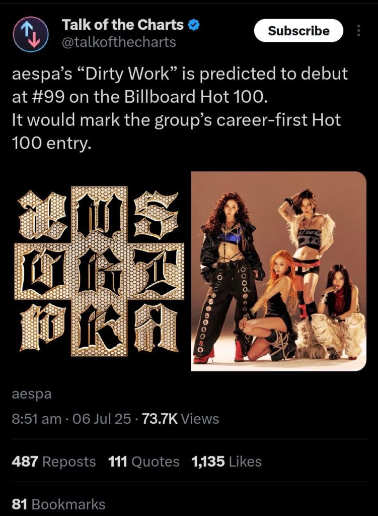 aespa's "Dirty work" is predicted to debut at #99 on billboard hot 100.