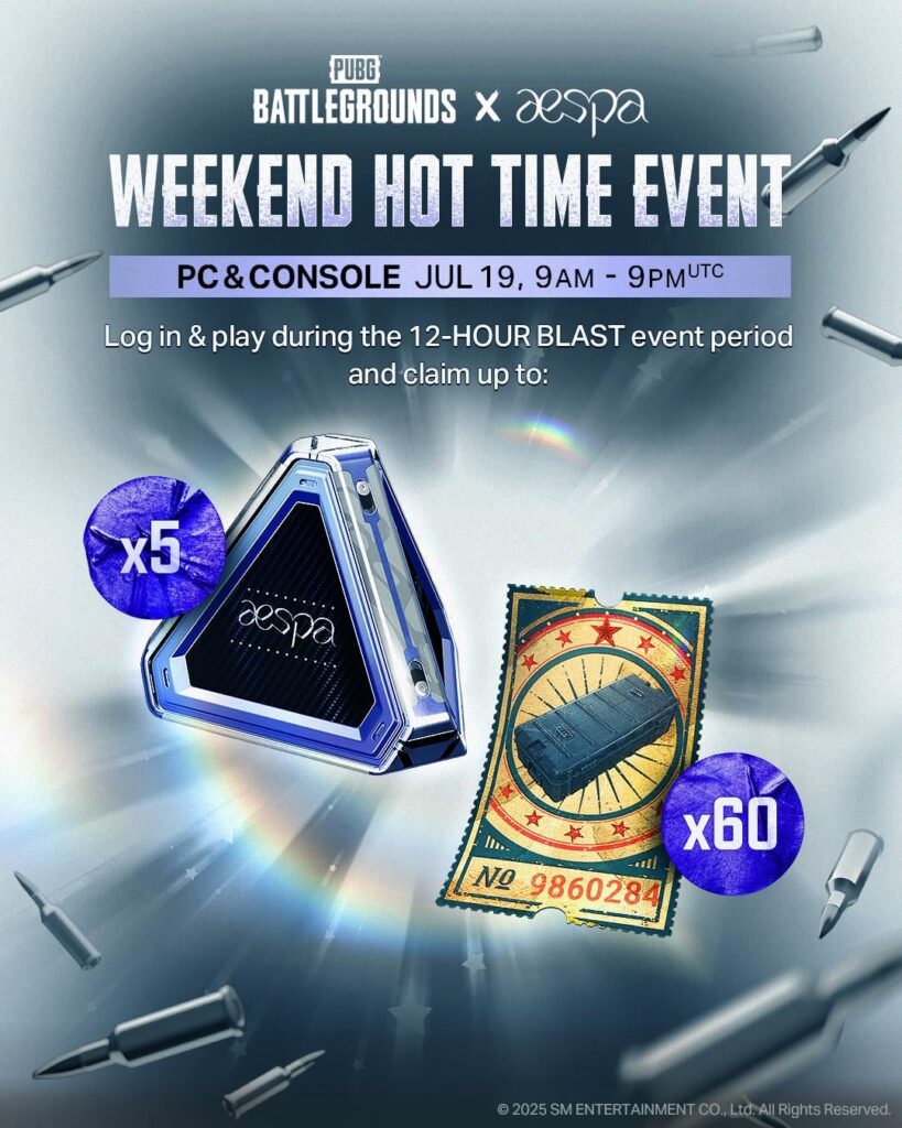 250718 PUBG: BATTLEGROUNDS Twitter Update - Looking for free aespa Loot Cache? Drop in this weekend to help complete your set. Available for 12 hours only. 📅PC & Console: July 19, 9AM - 9PM UTC