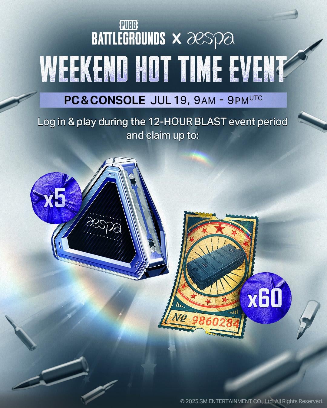 250718 PUBG: BATTLEGROUNDS Twitter Update - Looking for free aespa Loot Cache? Drop in this weekend to help complete your set. Available for 12 hours only. 📅PC & Console: July 19, 9AM - 9PM UTC