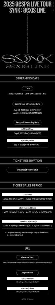 250730 aespa - SYNK : aeXIS LINE TOUR in SEOUL (Weverse + Beyond LIVE Streaming Notice)