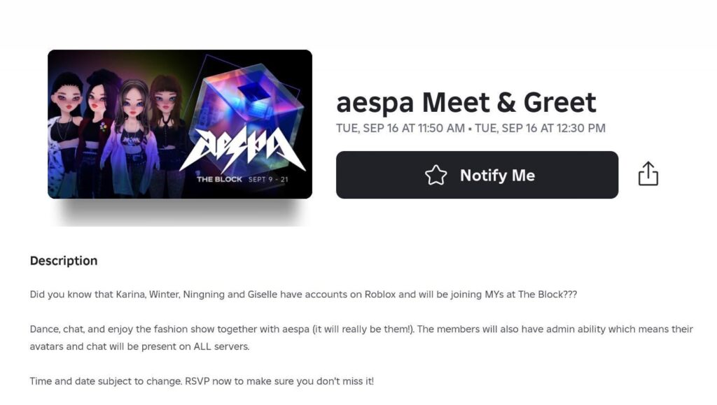 250913 aespa to hold a ‘Roblox’ Meet & Greet event on September 16th at 11:50 AM - 12:30 PM KST