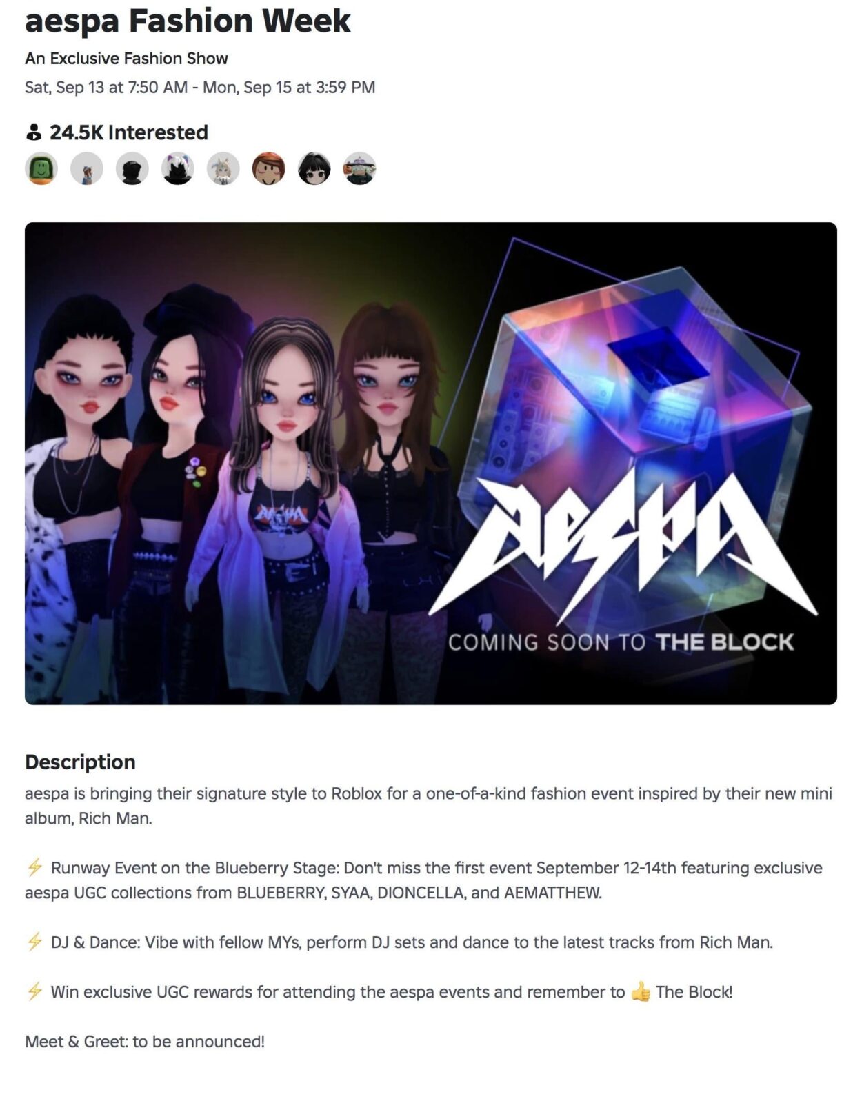250911 aespa x Roblox - Fashion Show at The Block ‘Blueberry Stage’ (Schedule + Event Info)