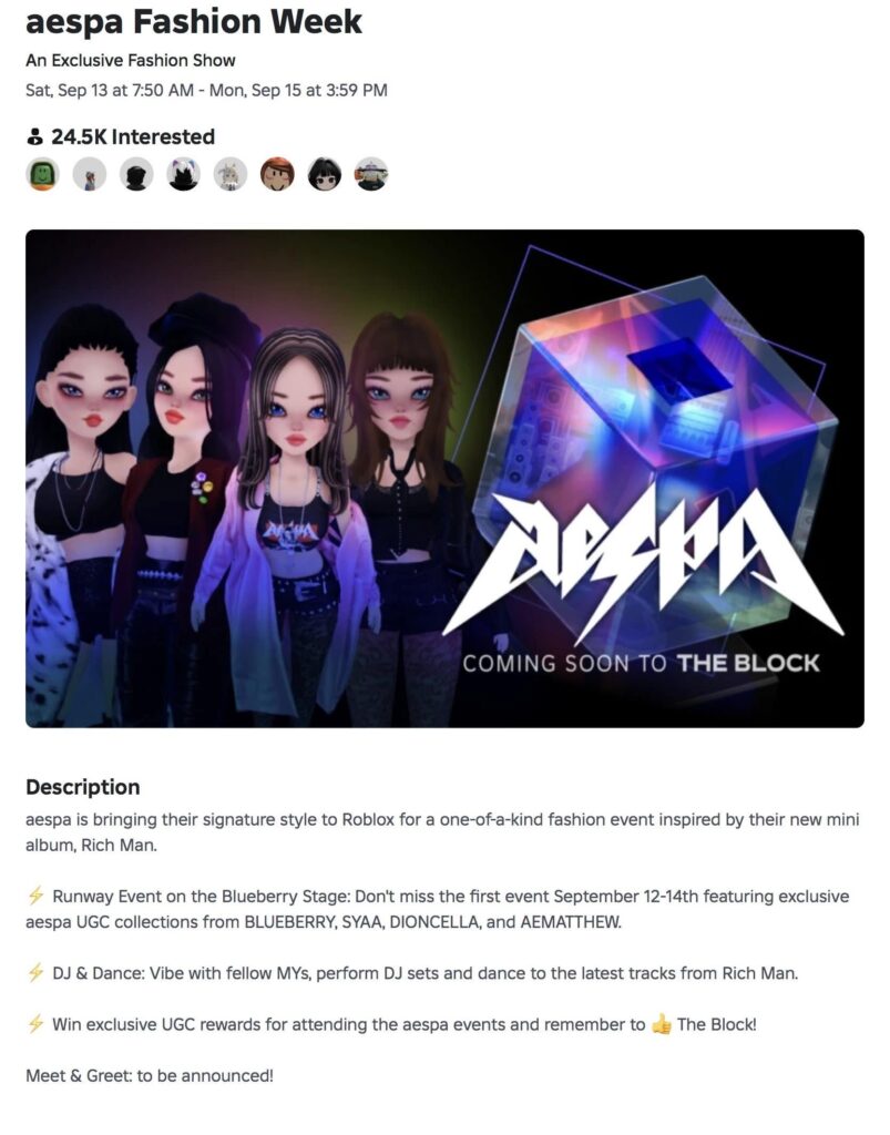 250911 aespa x Roblox - Fashion Show at The Block ‘Blueberry Stage’ (Schedule + Event Info)