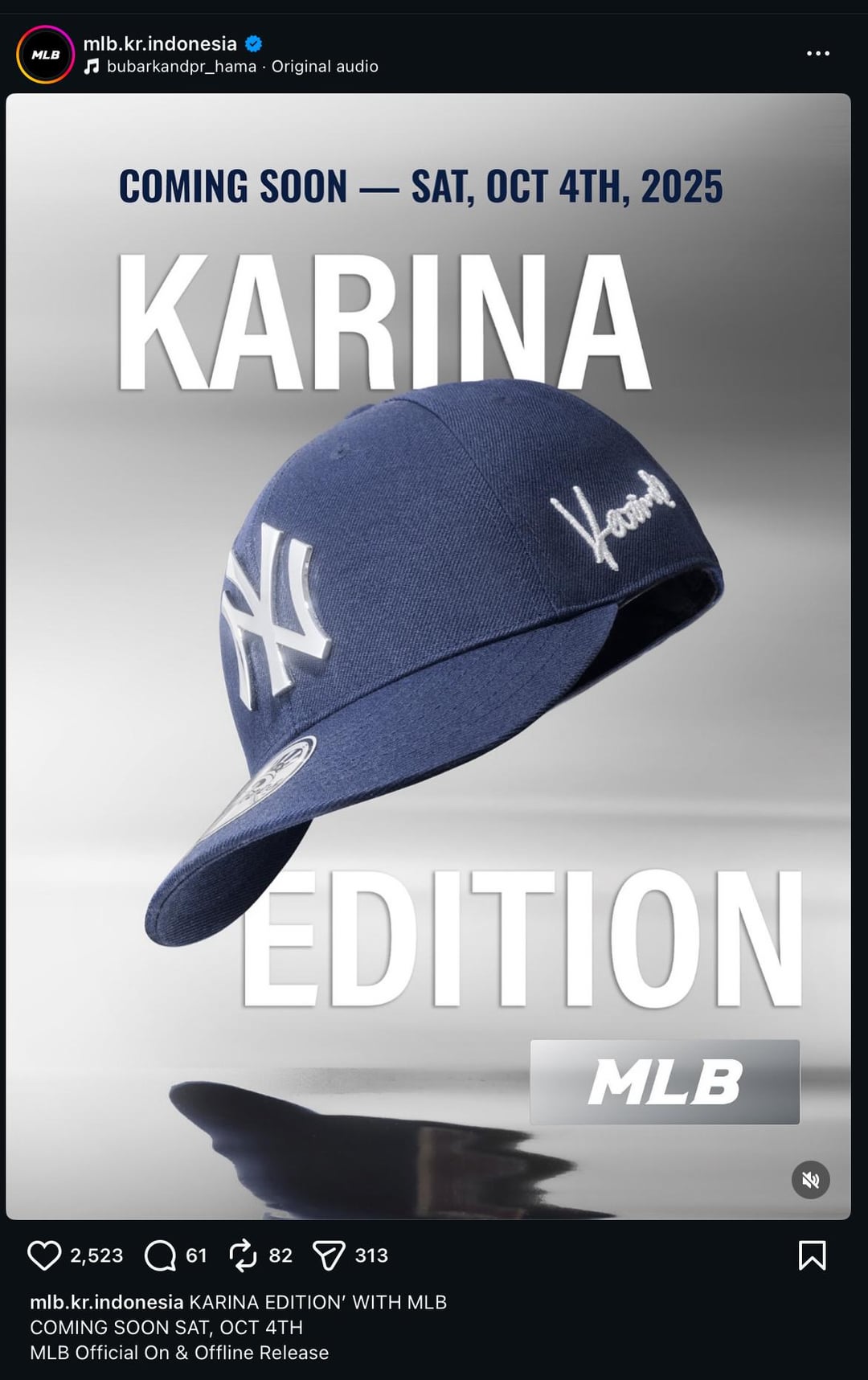 250907 Karina's MLB Korea 'KARINA EDITION' Cap will be sold online & on-site on October 4th at MLB Indonesia, Hong Kong, Macau, Malaysia, Singapore, Taiwan & Thailand