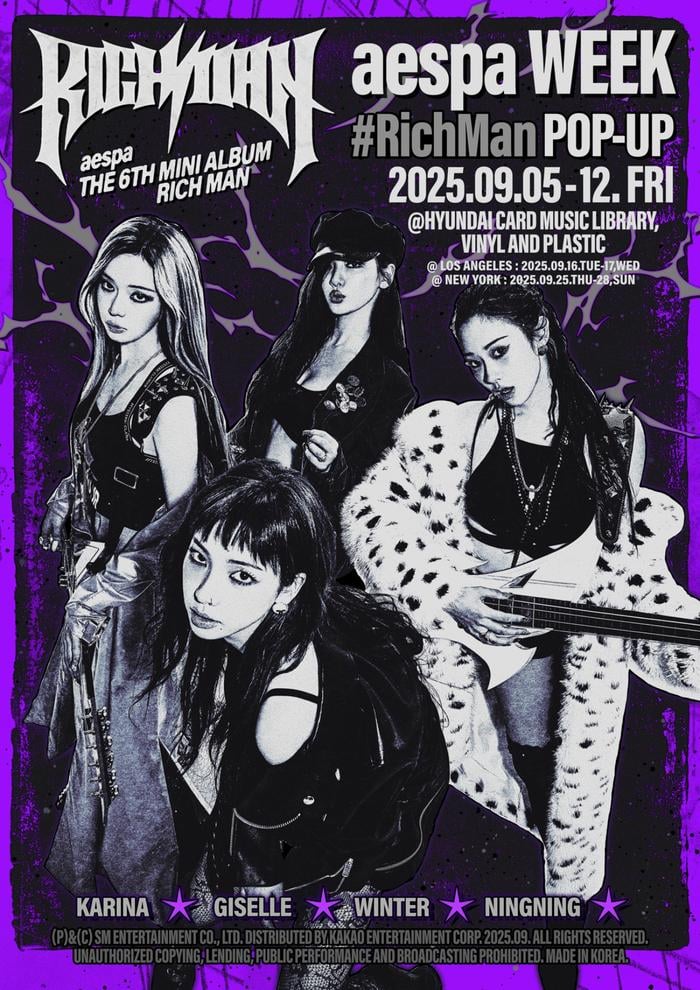 250903 aespa's 'Rich Man' Pop-Up event will begin in Seoul and continue in LA & NY. Also, in collaboration with QQ Music the event will be held in China's seven cities: Beijing, Shanghai, Nanjing, Wuhan, Hangzhou, Shenzhen & Qingdao.