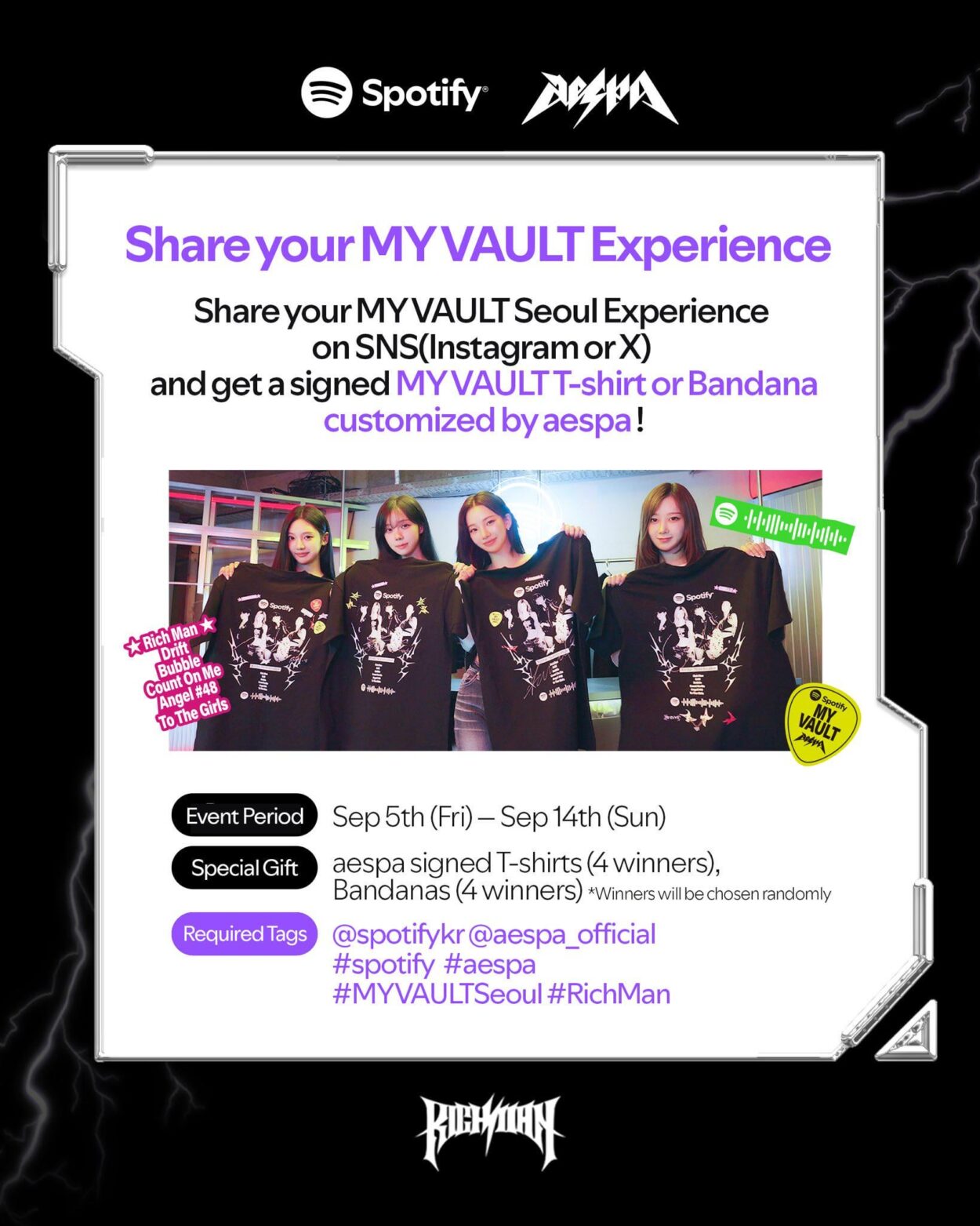 250907 aespa - Rich Man: Spotify MY VAULT (Signed T-shirts & Bandanas Giveaway Event)
