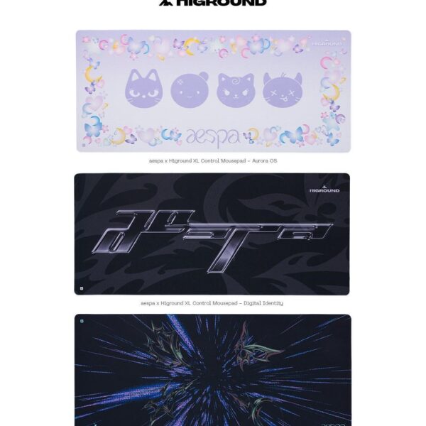 251119 HIGROUND Twitter Update - Complete the look. Alongside the keyboards, aespa x Higround features three XL Control Mousepads that complement each keyboard design. Available 11/21 12PM PT