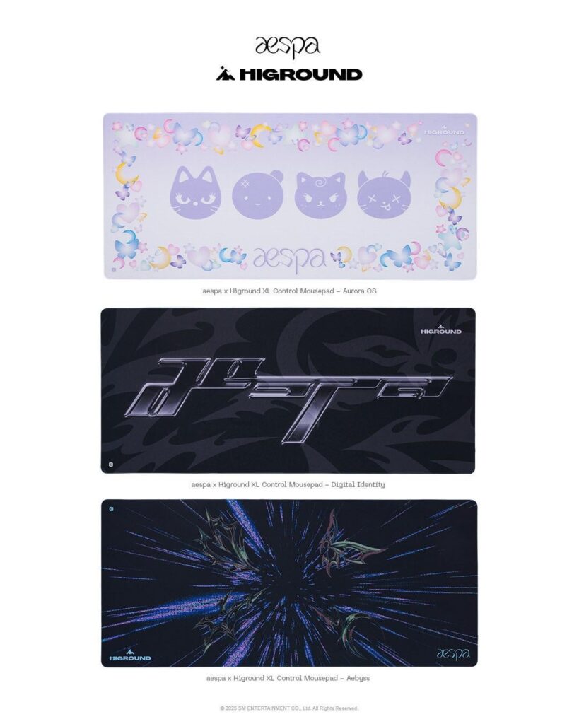 251119 HIGROUND Twitter Update - Complete the look. Alongside the keyboards, aespa x Higround features three XL Control Mousepads that complement each keyboard design. Available 11/21 12PM PT