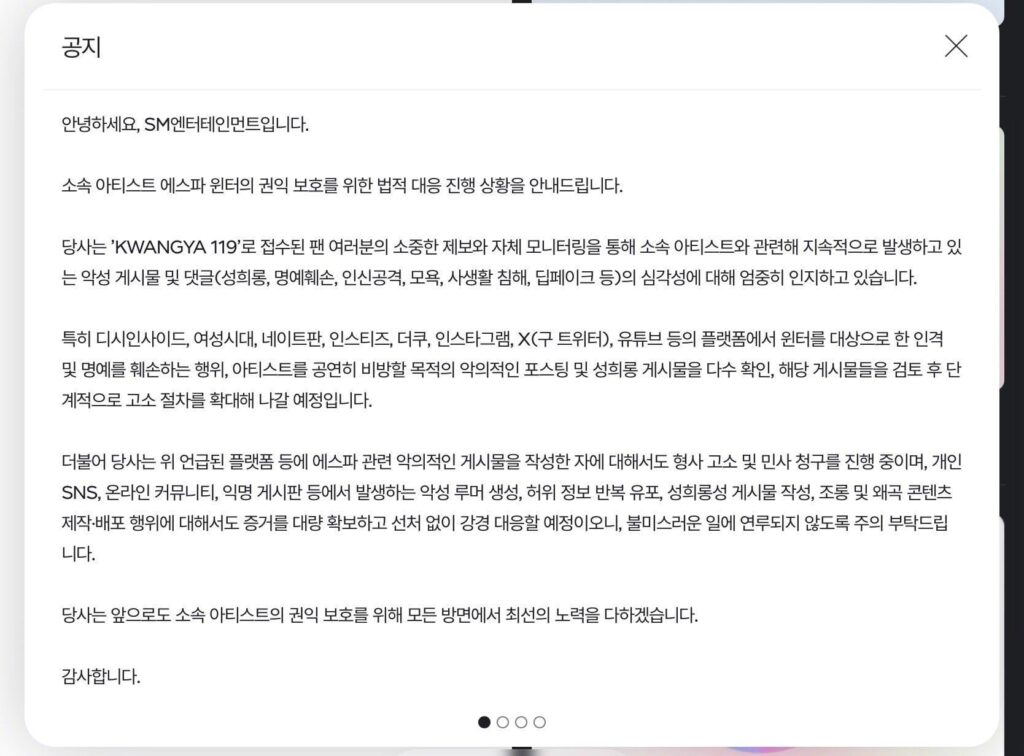 251210 SM announced their progress on legal response to protect the rights and interest of their artist aespa's Winter