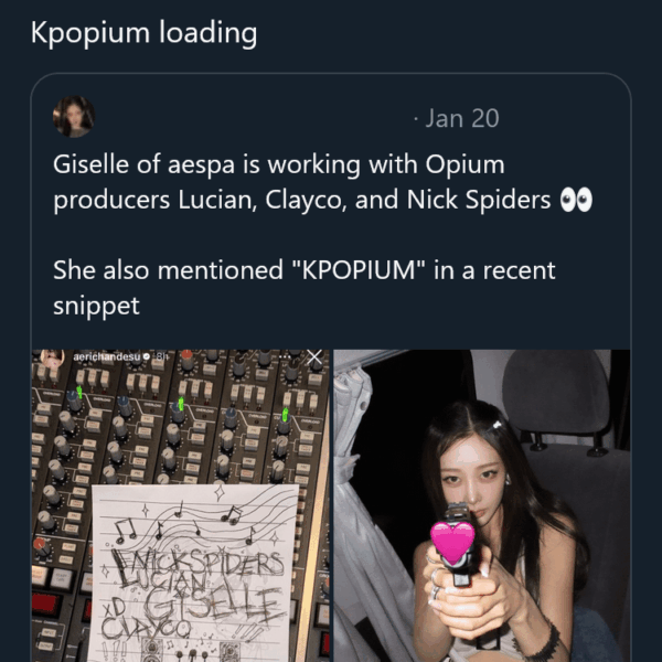 260120 Clayco 'Opium' producer quoted a Giselle tweet, "Kpopium loading"