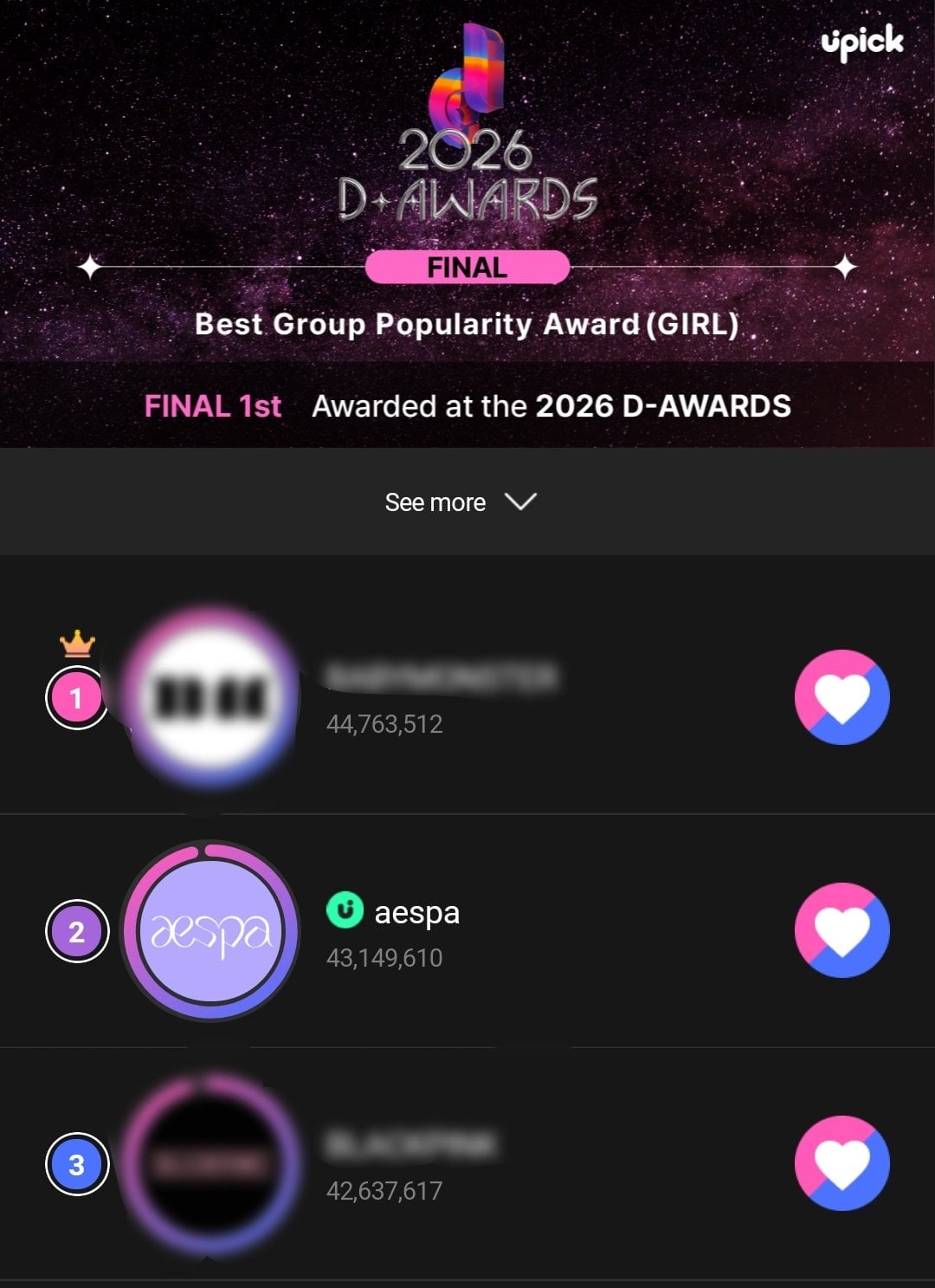 aespa is nominated for 'Best Group Popularity Award' & Karina is nominated for 'UPICK Global Choice' at the 2026 D-Awards