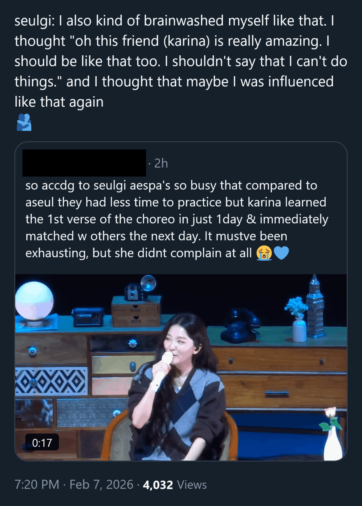 260207 Seulgi on behind the scene story for 'Chu~♡' stage and she praises Karina's work ethic