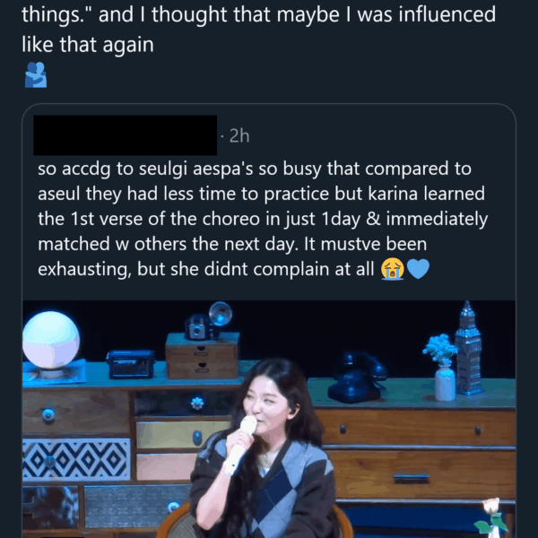 260207 Seulgi on behind the scene story for 'Chu~♡' stage and she praises Karina's work ethic