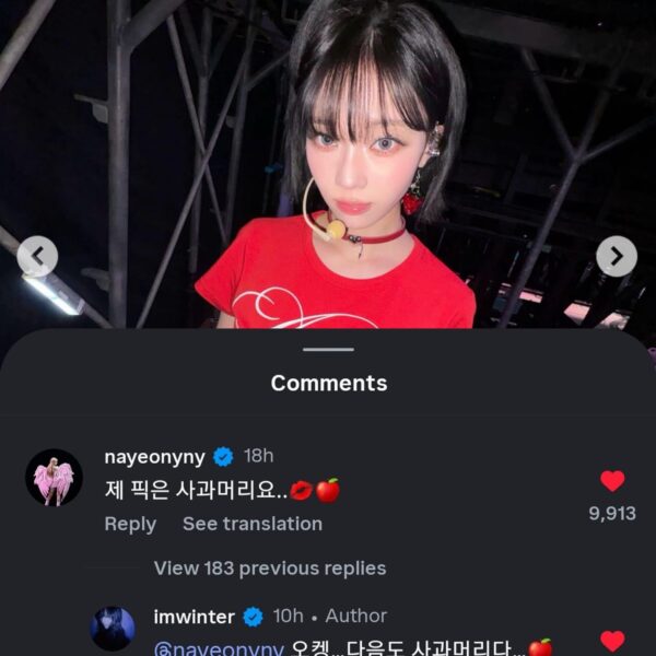 260202 TWICE Nayeon comments on Winter's Instagram Post: "My pick is apple hair.. 💋🍎" and Winter replies with: "Ok-eng… the next one is an apple hair too… 🍎🔥"