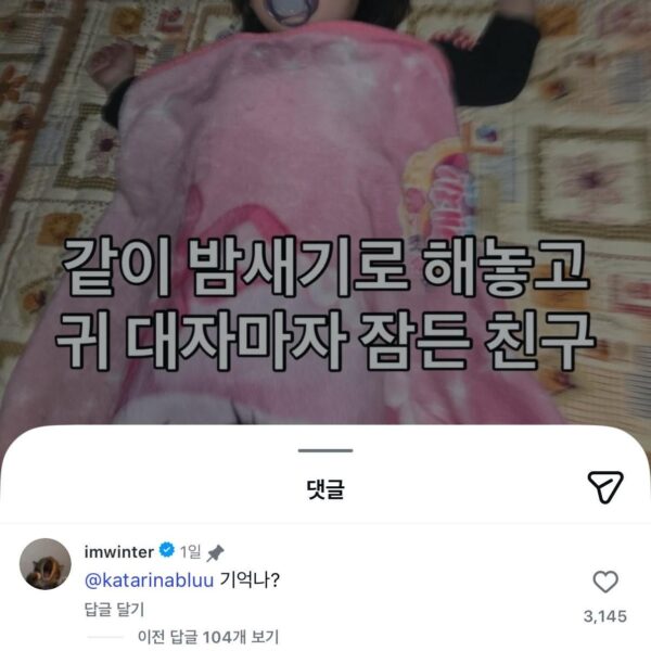 260311 Karina & Winter on an Instagram Post: "A friend who said we'd stay up all night together but fell asleep the moment their head touched the pillow"