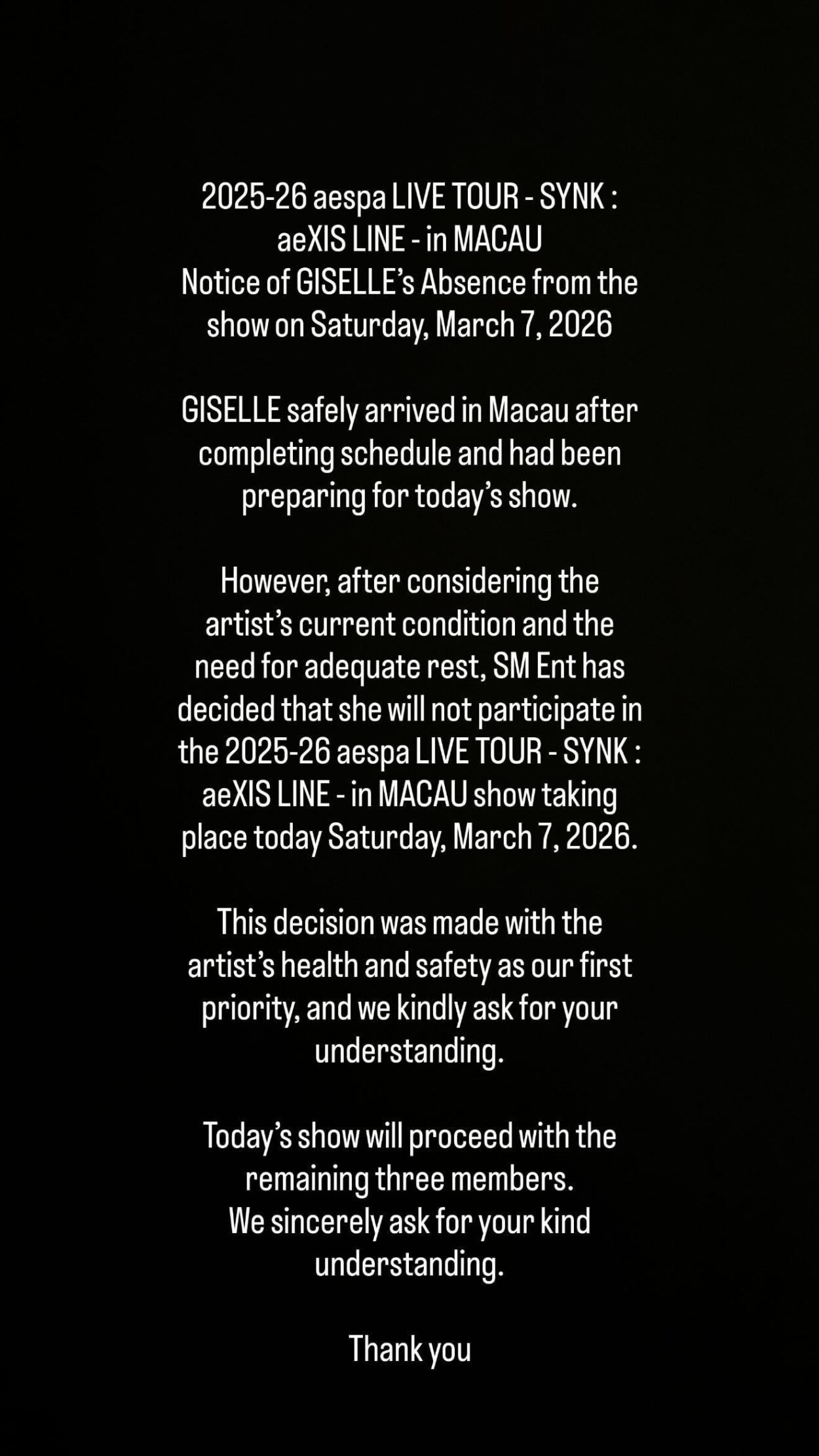 260307 Giselle won't participate at 'SYNK : aeXIS LINE' in MACAU DAY 1