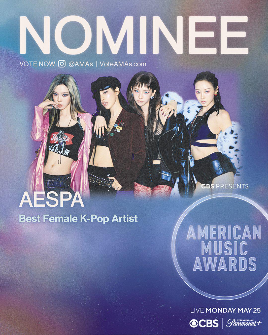 260415 aespa Twitter Update - aespa is nominated for 'Best Female K-Pop Artist' at the AMAs! A huge thanks to MYs for this honor 🏆