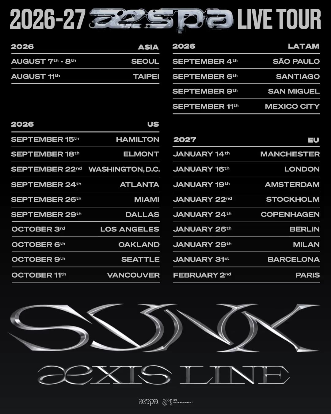 2026-27 aespa LIVE TOUR - SYNK : aeXIS LINE in ASIA, LATAM, US & EU (Announcement Poster)