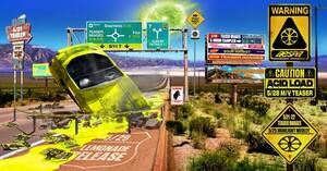 260421 aespa's schedule poster for their 2nd album 'LEMONADE', features a space where singularities have occurred, a sky cracked open by a rift in space-time and a road that has collapsed due to a crashed car...