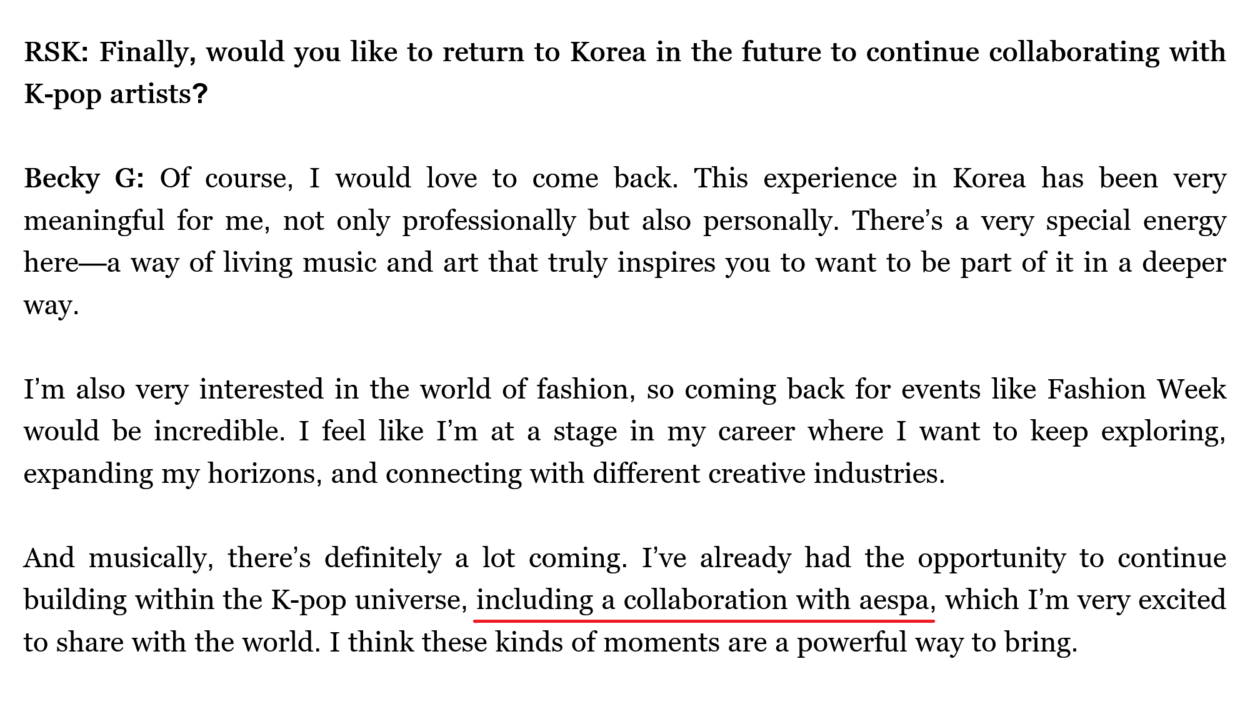 260408 Becky G revealed in an interview with Rolling Stone Korea that she has an upcoming collaboration with aespa: "...I've already had the opportunity to continue building within the K-pop universe, including a collaboration with aespa..."