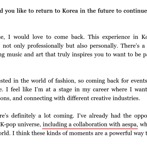 260408 Becky G revealed in an interview with Rolling Stone Korea that she has an upcoming collaboration with aespa: "...I've already had the opportunity to continue building within the K-pop universe, including a collaboration with aespa..."