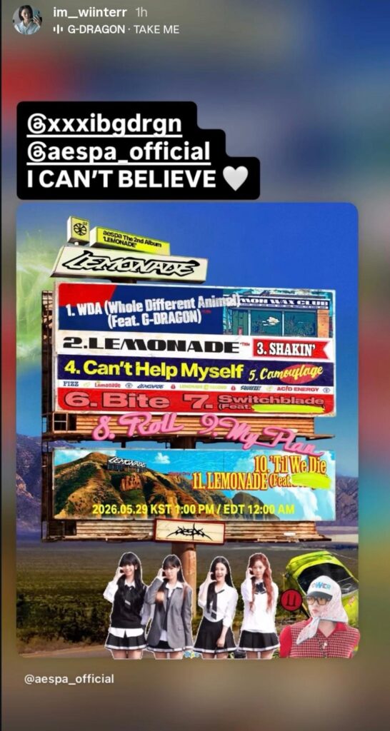 G-Dragon reposting a Winter fan account w the collab to his IG story 🙏🏼 how many weeks do we think this will be at num one in Melon? 😆 I was unsure if GD was going to promote it (he has been lowkey about collabs before) but seems he really is, this is going to be a digital monster song