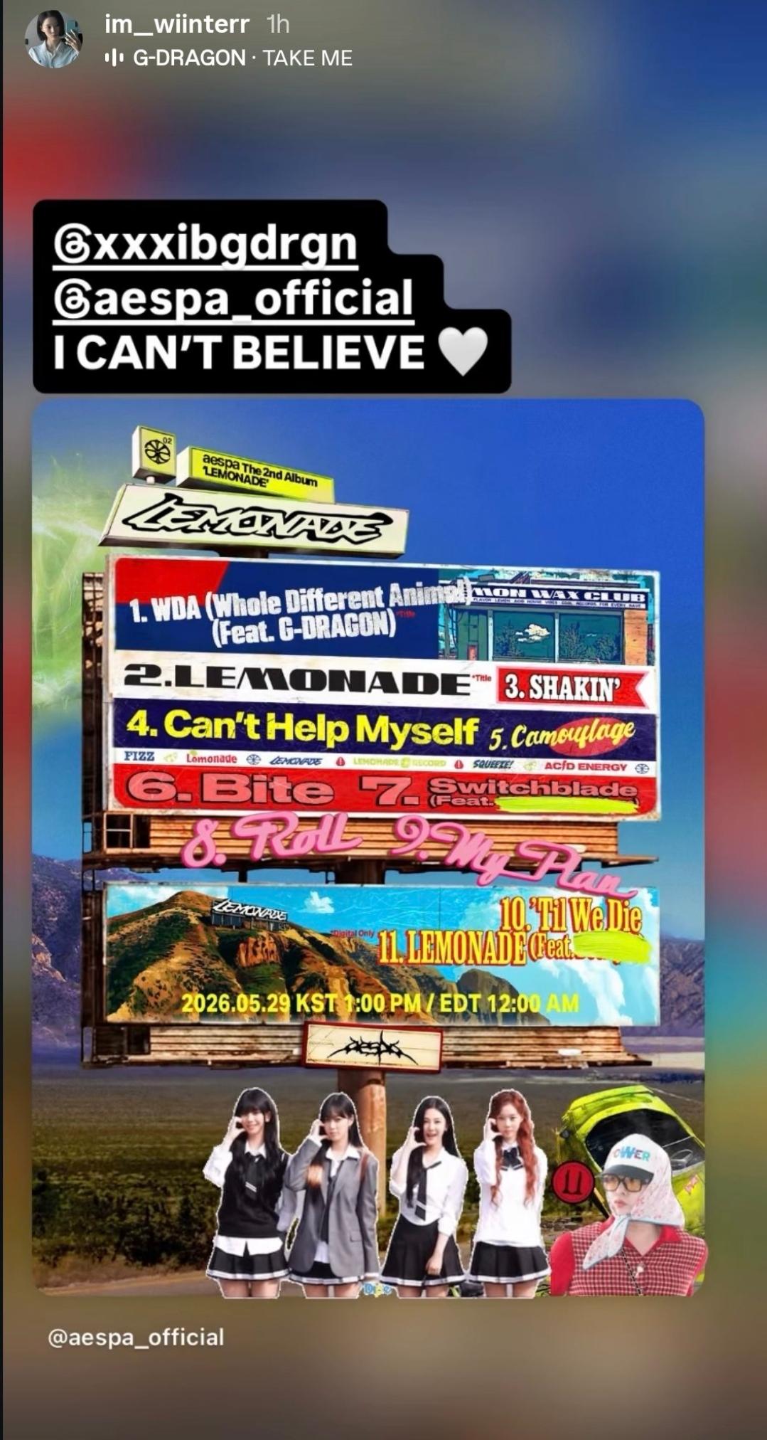 G-Dragon reposting a Winter fan account w the collab to his IG story 🙏🏼 how many weeks do we think this will be at num one in Melon? 😆 I was unsure if GD was going to promote it (he has been lowkey about collabs before) but seems he really is, this is going to be a digital monster song