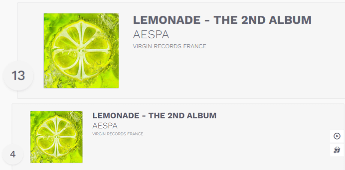 260608 aespa's 'LEMONADE' debuts at #13 on France's Top Albums chart and #4 on the Top Albums Physiques, making it the group's highest charting album on the French official charts