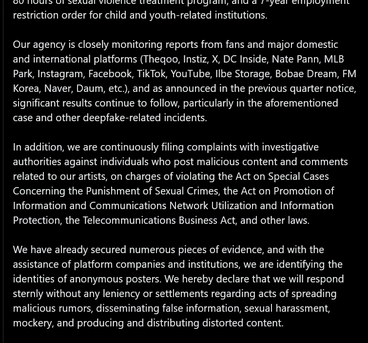 260618 SM provides legal updates on an individual who distributed and sold deepfakes of Karina & Winter has been sentenced to 2 years and 6 months in prison