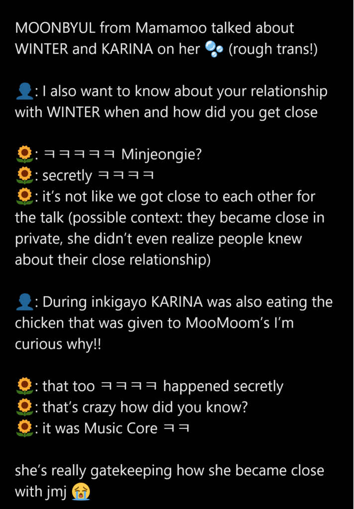 260625 MAMAMOO Moonbyul answered fan's questions abt her relationship with Winter & Karina but refuses to reveal how they got close together