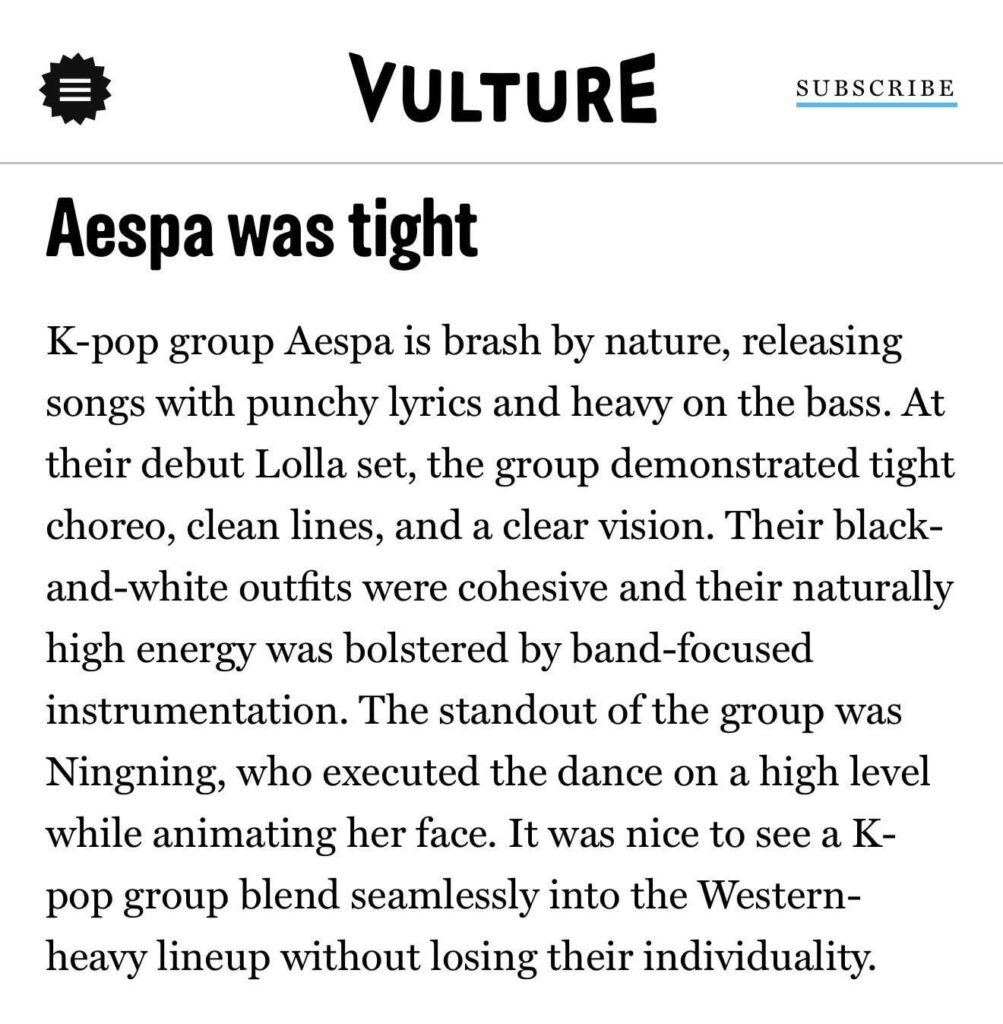 260804 aespa and Ningning were featured in Vulture's 'Lollapalooza’s Coolest Girls'