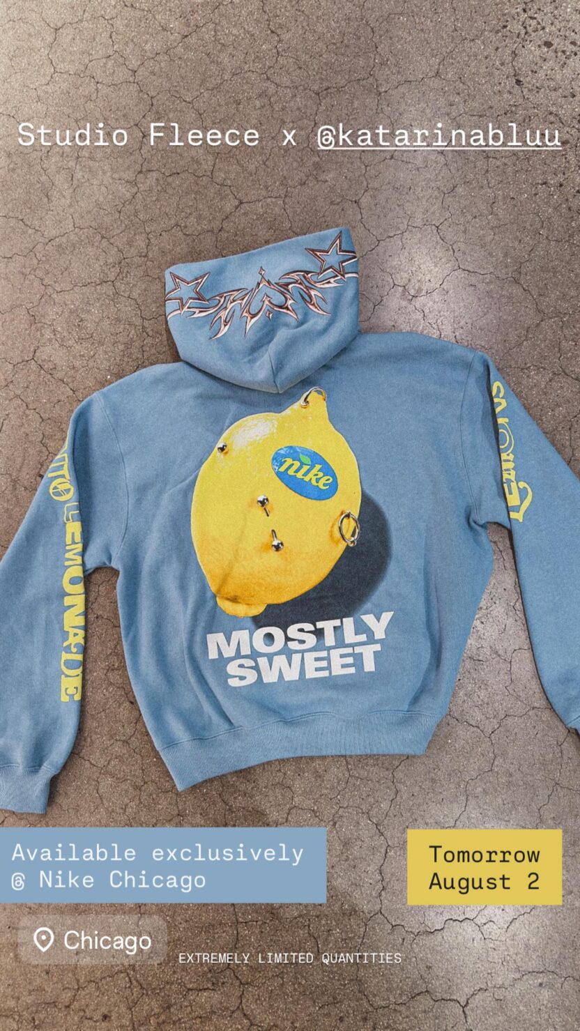 260802 Nike Sportswear Instagram Story Update - Studio Fleece x @katarinabluu. Available exclusively at Nike Chicago. Tomorrow August 2. Extremely Limited Quantities