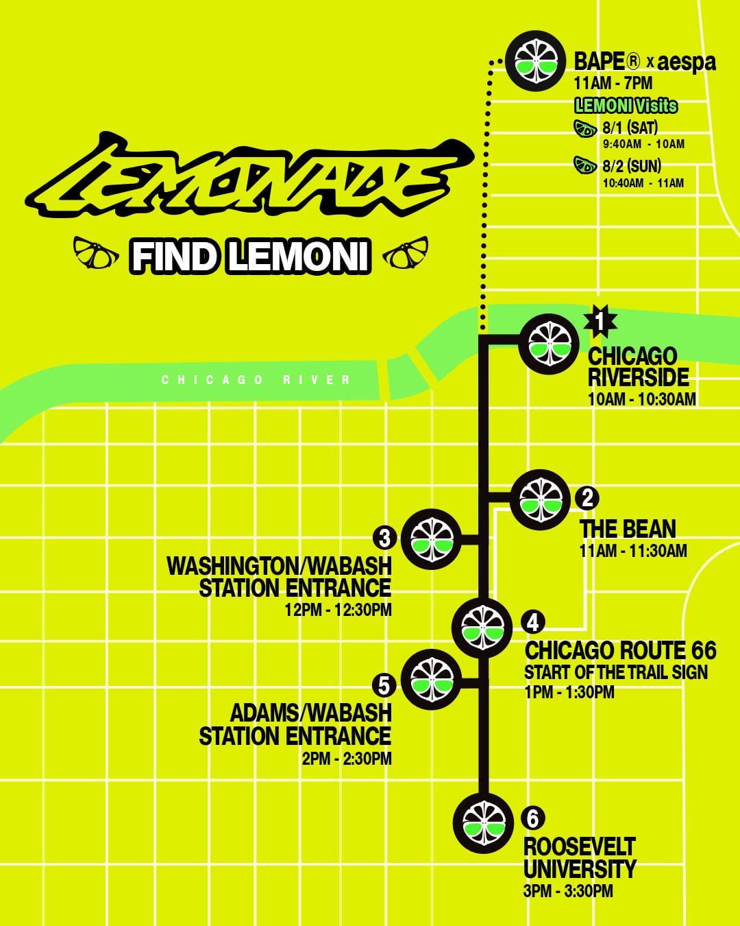 260801 aespa Twitter Update - LEMONI is running a little behind due to heavy rain in Chicago. Sorry for the late notice, and thanks for your understanding! We’ll see you at The Bean at 11:30!